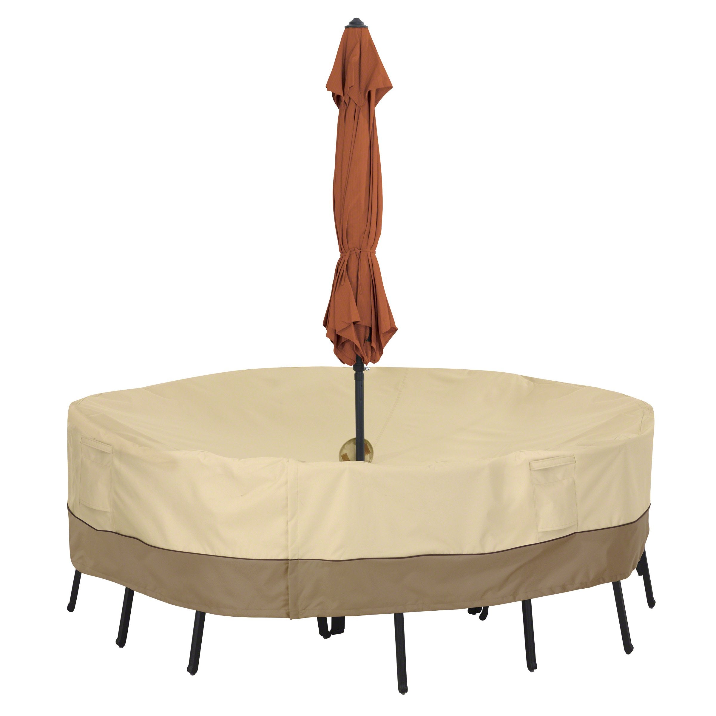 Classic Accessories 55-461-031501-00 Veranda Water-Resistant 70 Inch Round Patio Table & Chair Set Cover with Umbrella Hole,Pebb