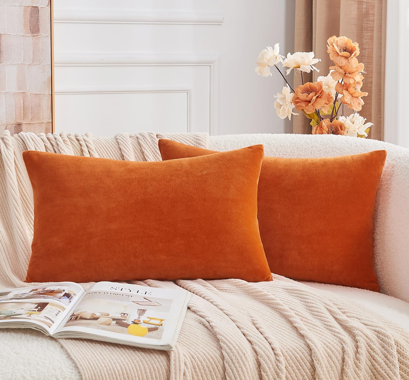 Grineed Throw Pillow Covers Burnt Orange Set Of 2 12X20 Inch Fall Pillow Covers, Soft Velvet Farmhouse Neutral Lumbar Decorative
