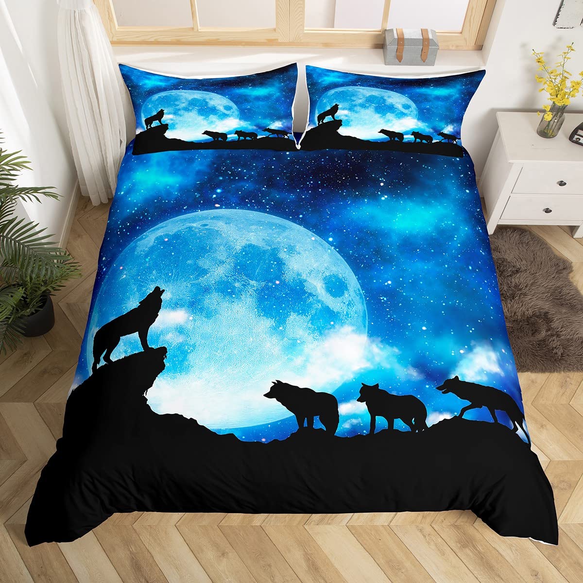 Feelyou Wolf Bedding Set For Kids Boys Teens, Galaxy Print Comforter Cover Wolf Pattern Decor Duvet Cover Set 3 Pcs (1 Duvet Cov