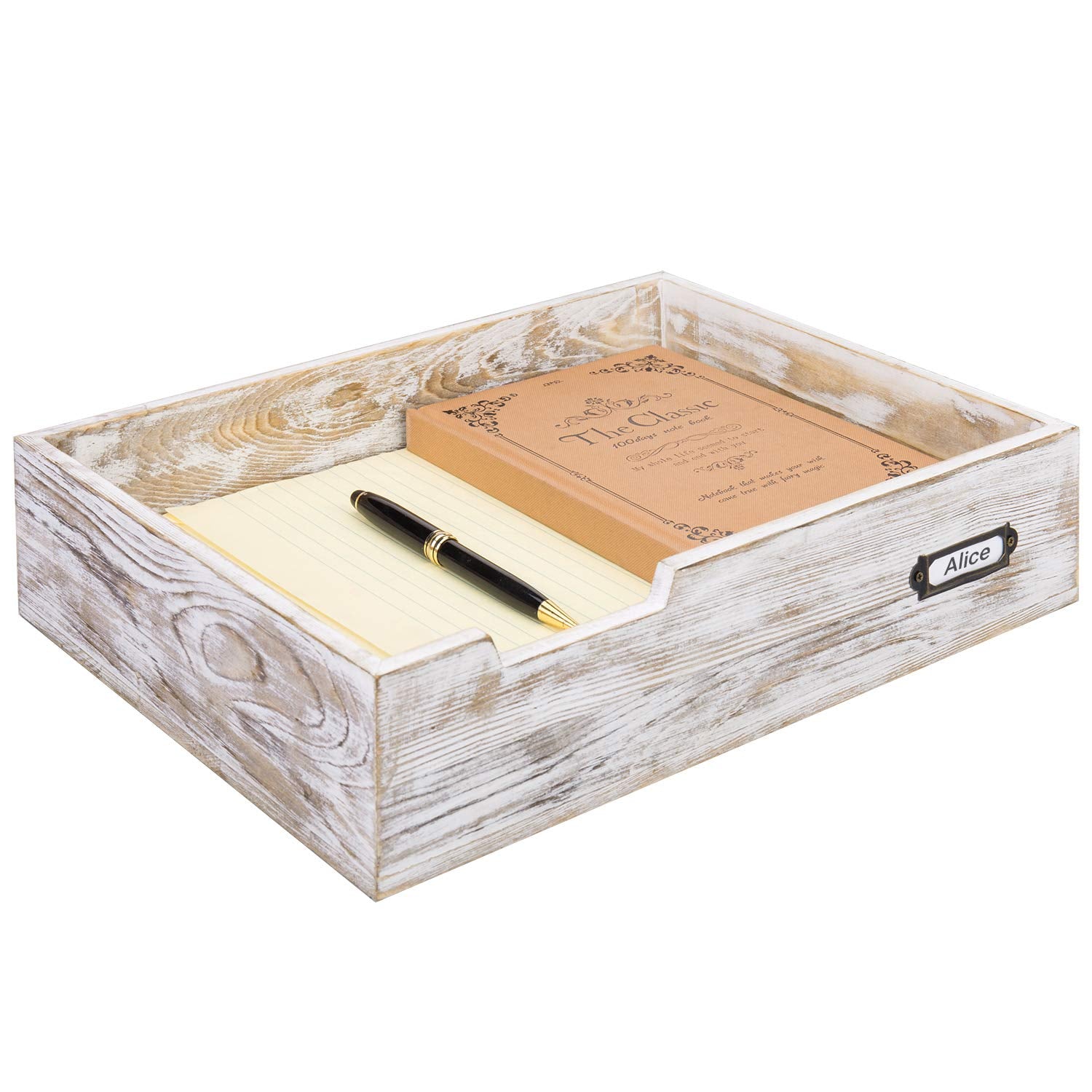 Mygift Rustic White Desktop Letter Tray - Shabby Whitewashed Wood Inbox Holder, Desk Paper File Folder Organizer Box With Metal