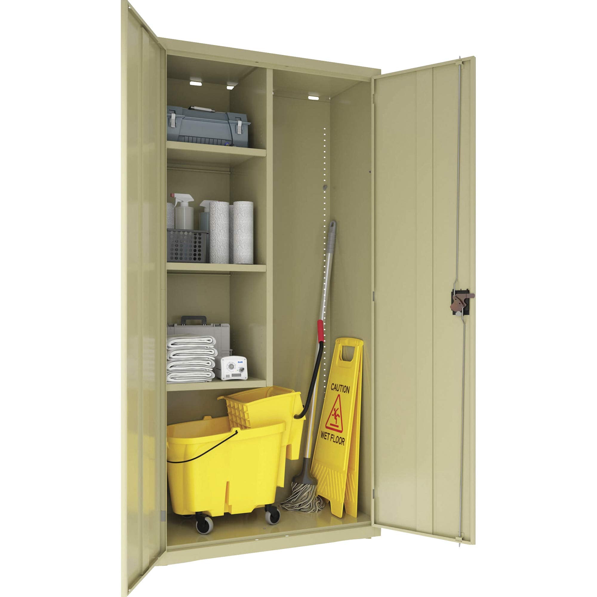 Lorell, LLR00017, 4-Shelf Steel Janitorial Cabinet, 1 Each, Putty