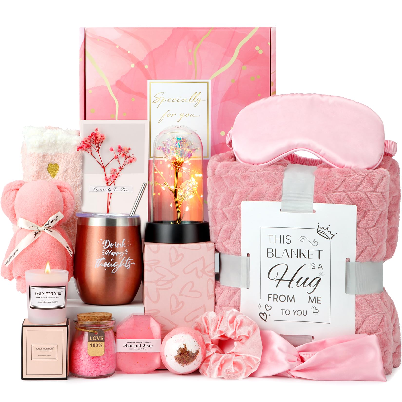 Birthday Gifts For Women, Get Well Gifts For Women, Relaxing Spa Gifts Care Package With Luxury Flannel Blanket, Light-Up Rose F