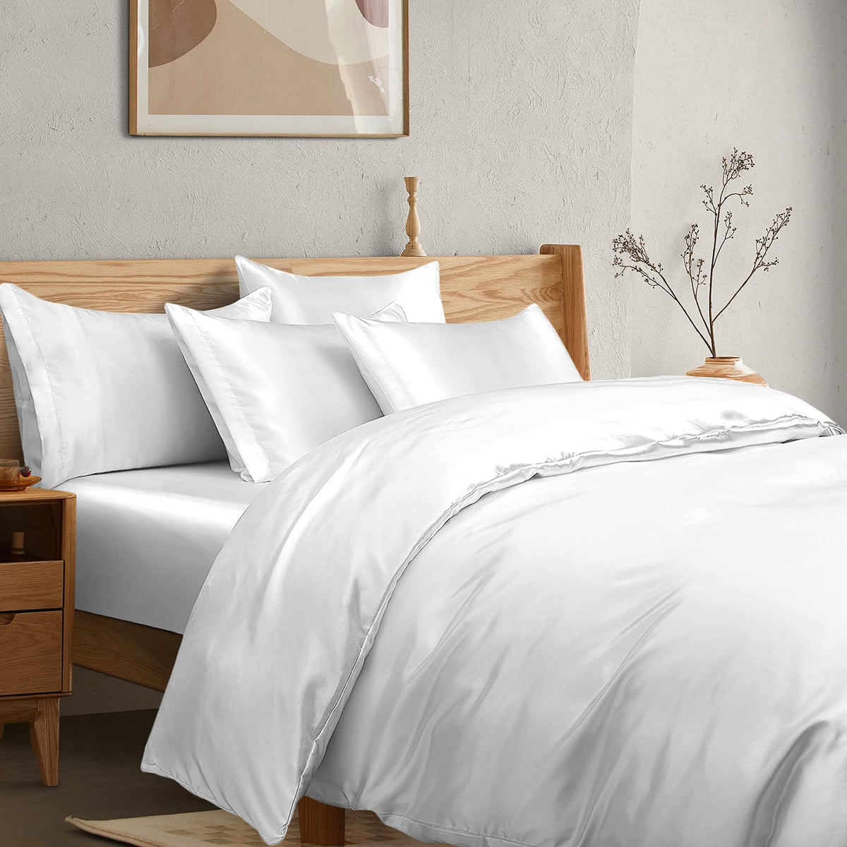 Manyshofu 6Pcs Pure White Duvet Cover Cal King Size Set With Satin Fitted Sheet - Not Comforter, Satin Duvet Cover Sheets Silky