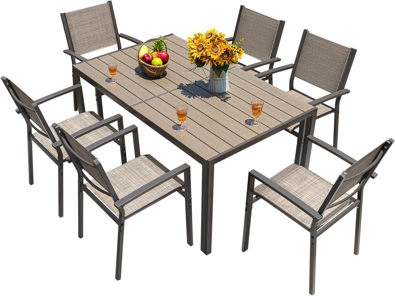 Homall Patio Dining Set 7 Pieces Outdoor Furniture With Large Table And 6 Textilene Chairs For Porch, Brown