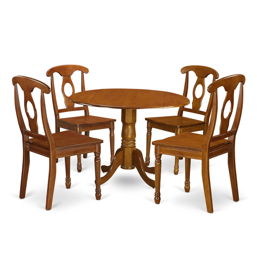 East West Furniture DLNA5-SBR-W 5 Piece Dining Set Includes a Round Dining Room Table with Dropleaf and 4 Wood Seat Chairs, 42x42 Inch, Saddle Brown