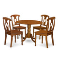 East West Furniture DLNA5-SBR-W 5 Piece Dining Set Includes a Round Dining Room Table with Dropleaf and 4 Wood Seat Chairs, 42x42 Inch, Saddle Brown