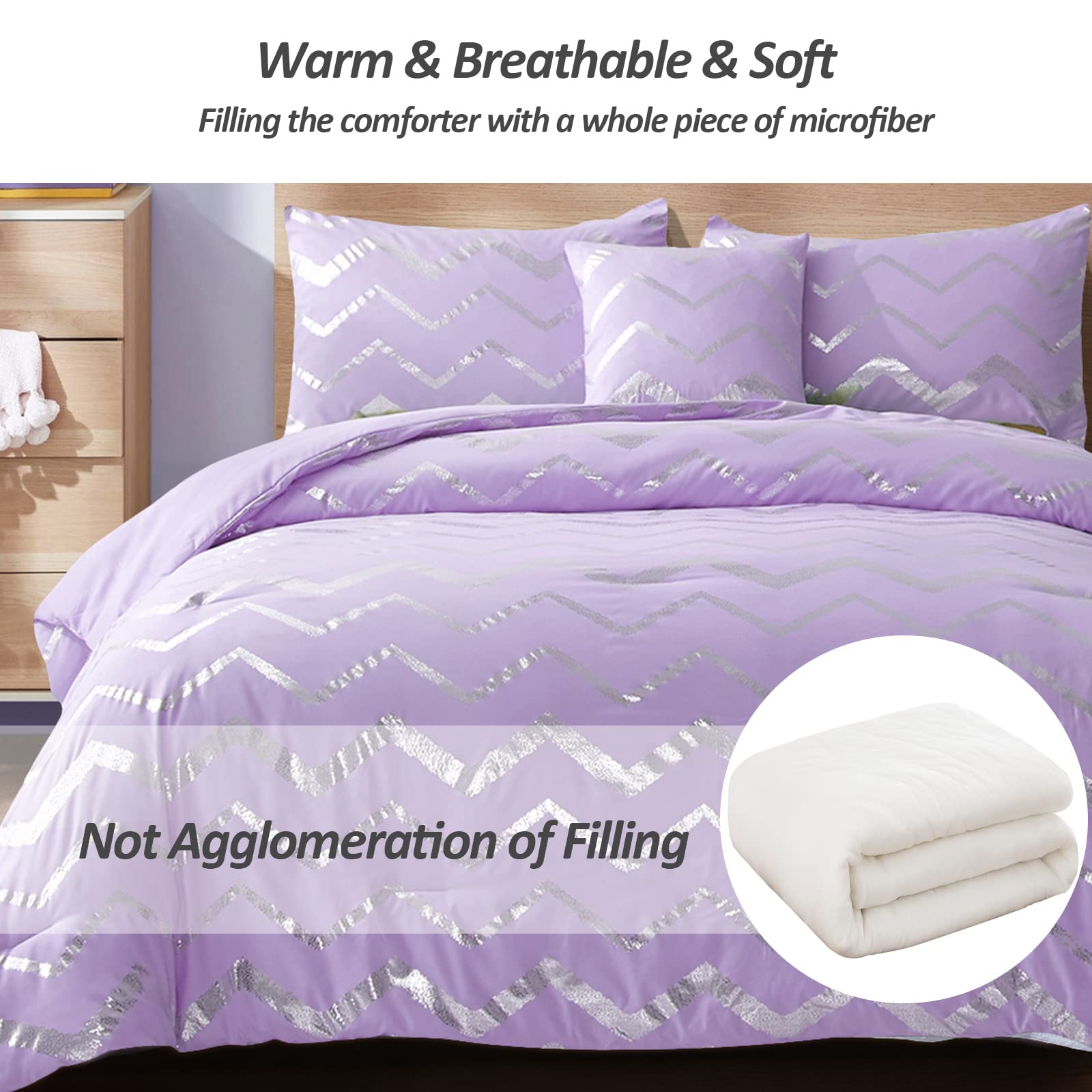 Menghomeus Purple/Silver Comforter Set King Lavender Metallic Print Glitter Bedding Set Cute Shinny Lilac Bed Sets For Teen Girl