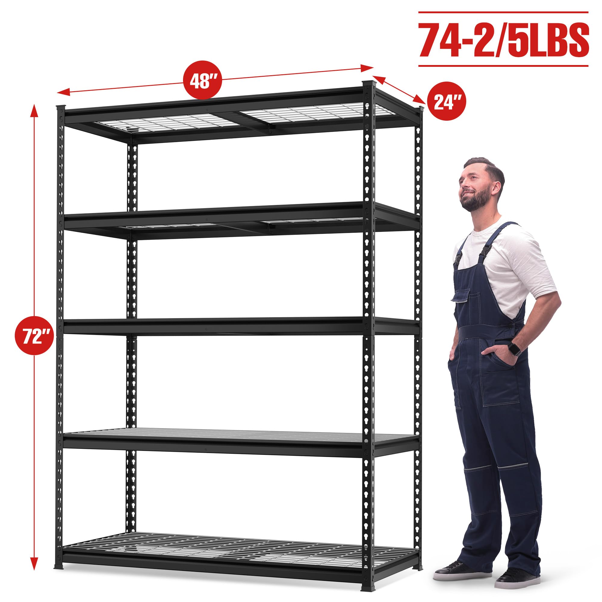 Workpro 4000 Lbs 5-Tier Metal Shelving Unit, 72”H X 48”W X 24”D, Heavy Duty Adjustable Storage Rack, For Garage, Basement, Warehouse, Workshop