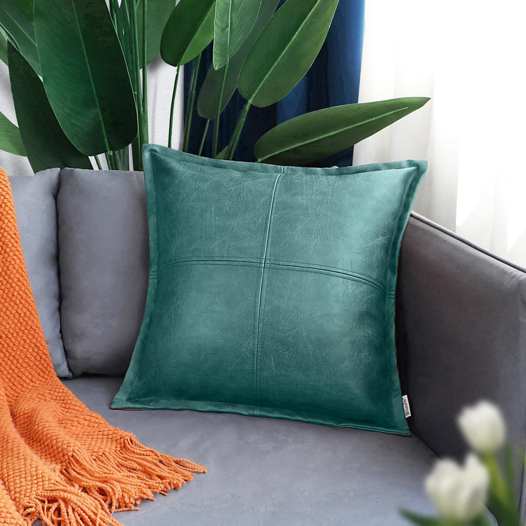 Brawarm Teal Leather Throw Pillow 20 X 20 Inches, Faux Leather Pillow Cover With Piping, Hand Stitched Leather Decorative Throw
