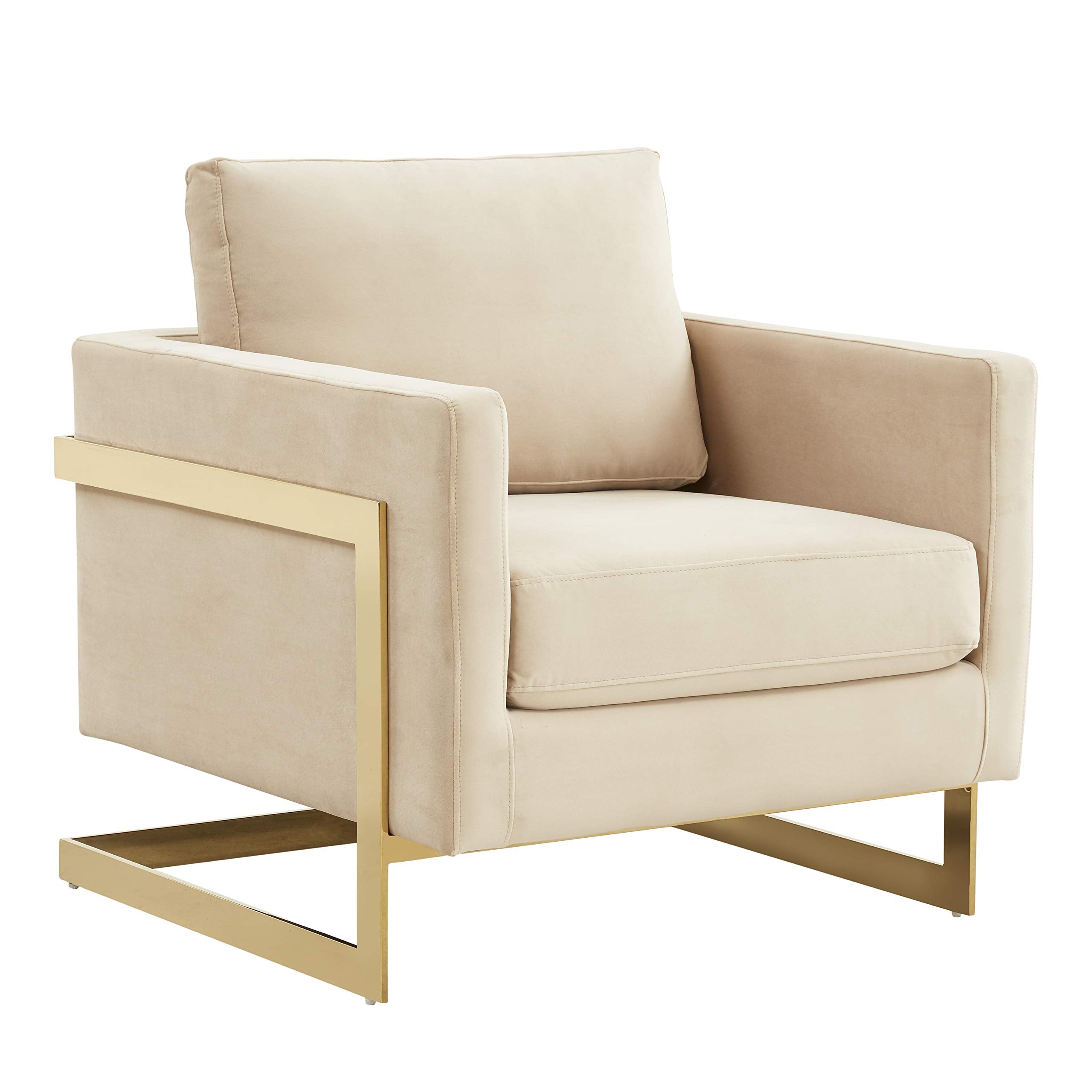 LeisureMod Midnight Black Modern Mid-Century Upholstered Velvet Accent Arm Chair with Gold Frame