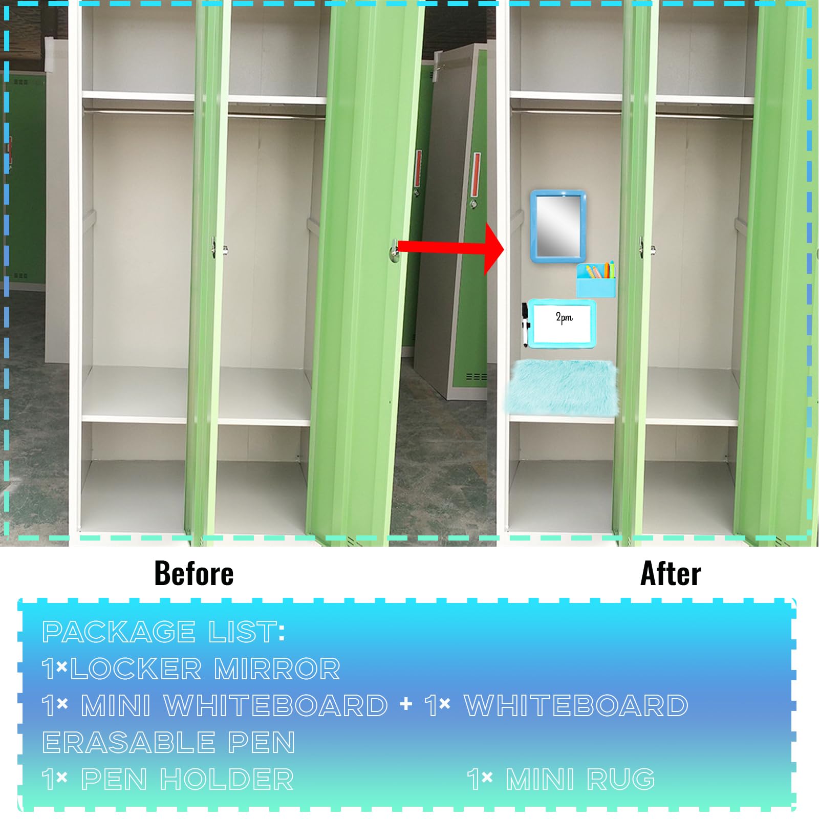 S-Snail-Oo Locker Accessories Kit, Magnetic Locker 5×7' Mirror Whiteboard With Marker&12' Mini Rug, Blue Locker Organizer Kit For Girls School Office Gym Accessories Coat Lockers