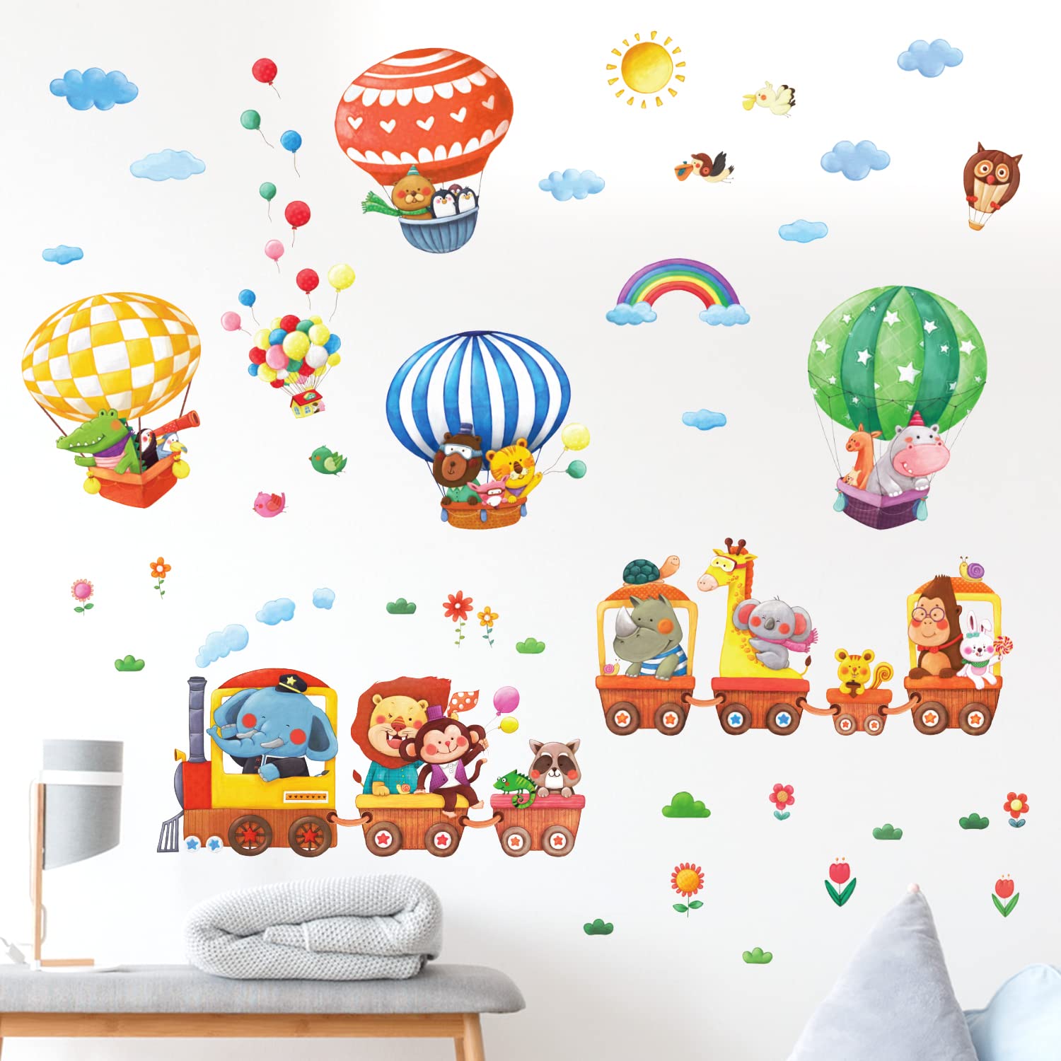 DECOWALL DS-8006P8024 Animal Train and Hot Air Balloons Kids Wall Stickers Wall Decals Peel and Stick Removable Wall Stickers fo