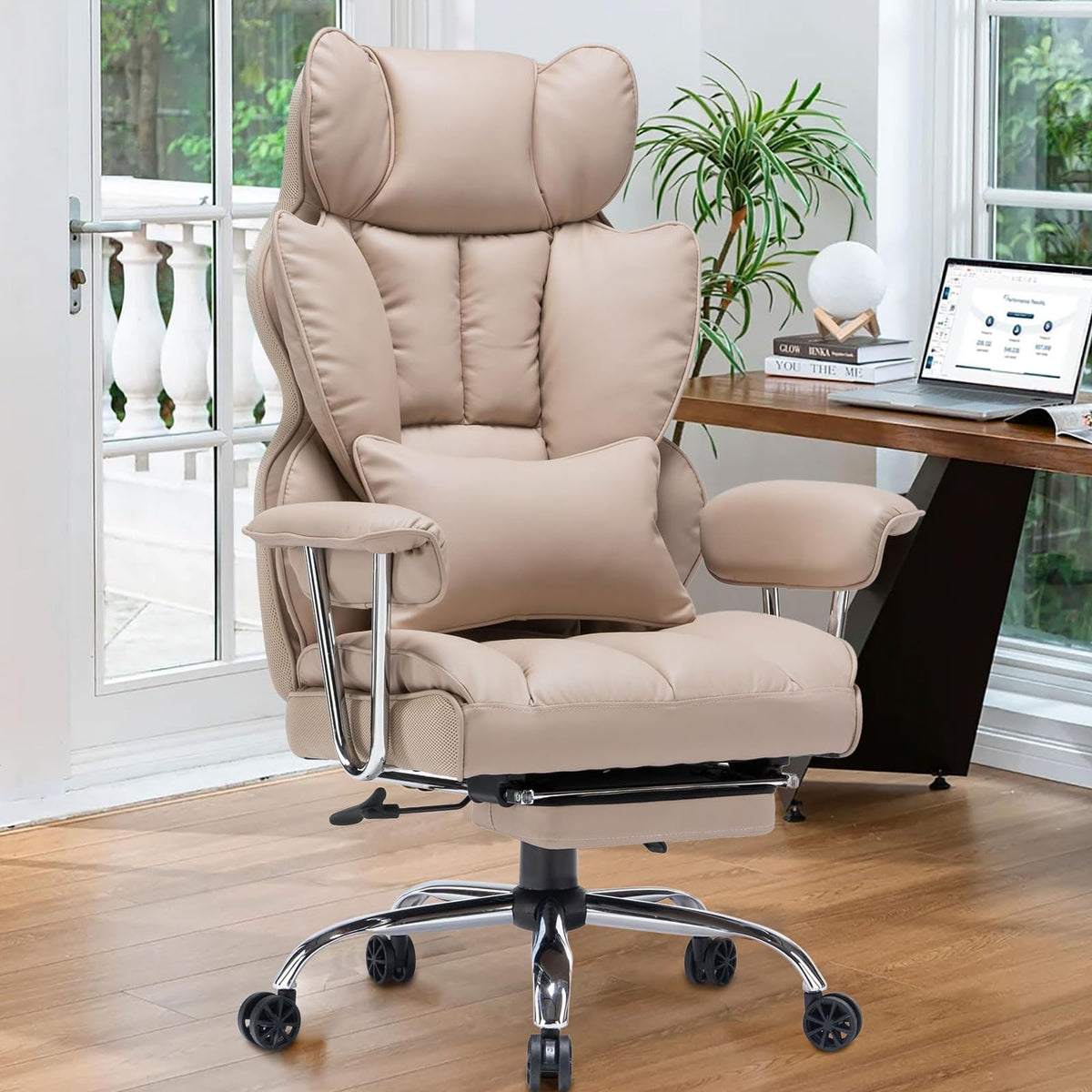 Efomao Desk Office Chair 400Lbs, Big And Tall Office Chair, Pu Leather Computer Chair, Executive Office Chair With Leg Rest And Lumbar Support, Dark Beige Office Chair