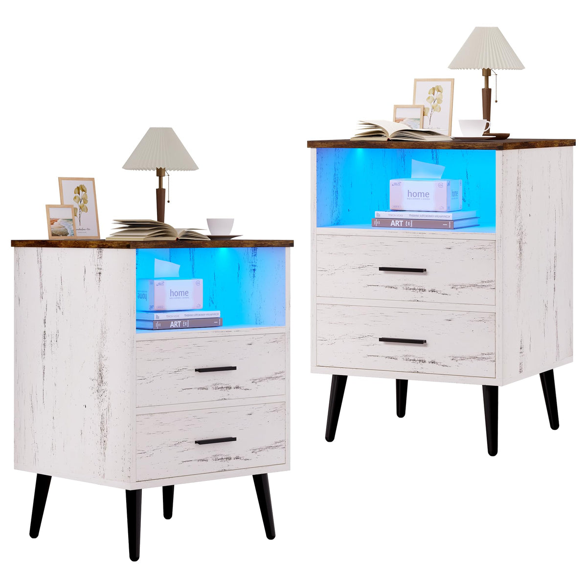 Lvsomt Nightstands Set Of 2, White Nightstand With Charging Station, Night Stands With Human Body Induction, Bedside Tables With 2 Drawers, Open Shelf, Modern Night Stand For Bedroom
