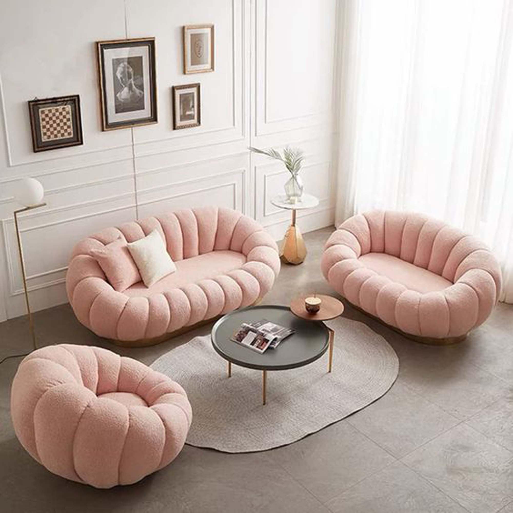 Craftcity Pumpkin Style Wooden Sofa, Contemporary Modern & Cozy Accent Chair For Living Room (Pink, 6 Seater Sofa Set)