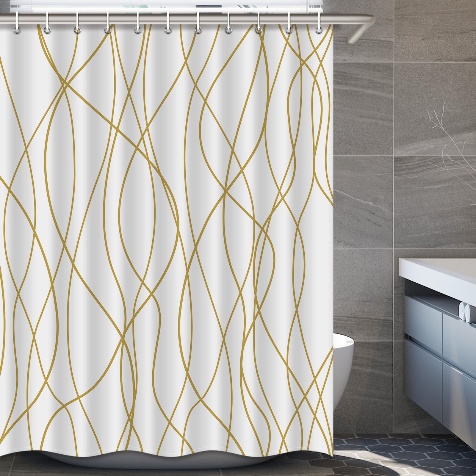 Punkray Gold Light Brown and White Striped Wavy Line Fabric Shower Curtain for Bathroom with Hooks, Extra Long Shower Curtain Se