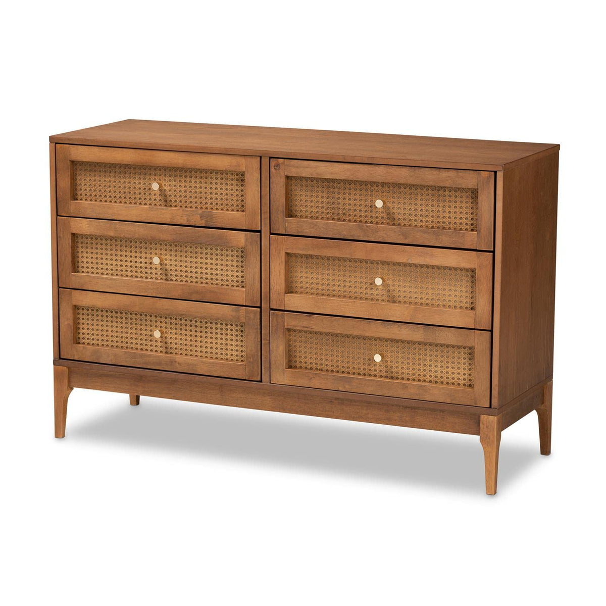 Baxton Studio Ramiel Ash Walnut Finished Wood and Rattan 6-Drawer Dresser