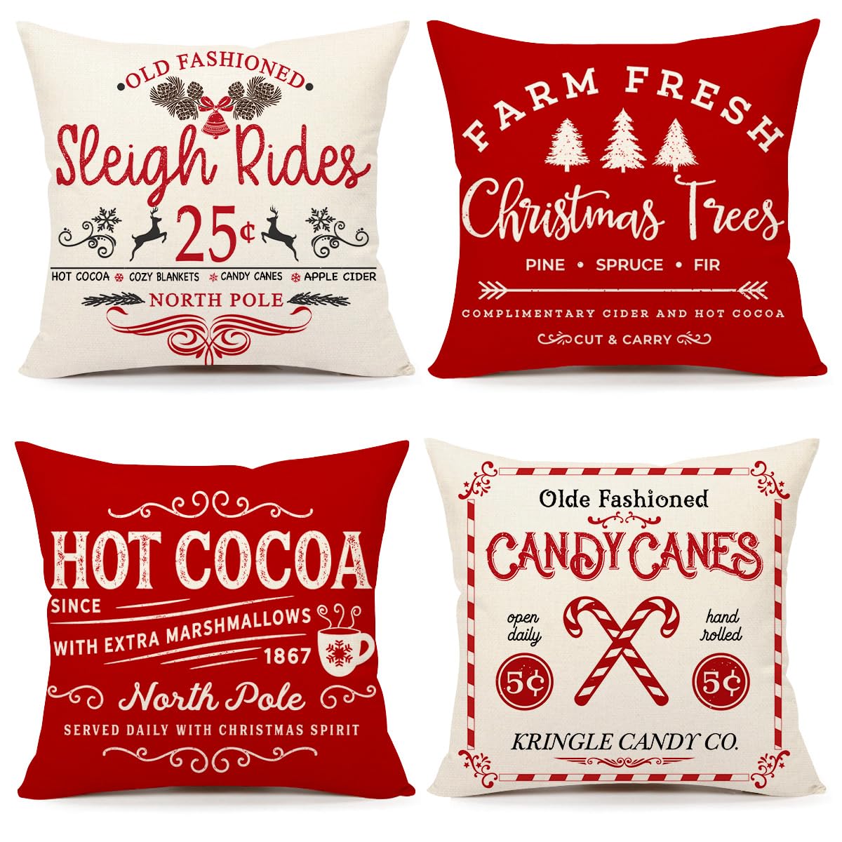 Farmhouse Christmas Pillow Covers 18X18 Set Of 4 Winter Holiday Decorations Xmas Red White Rustic Throw Cushion Case For Sofa Co