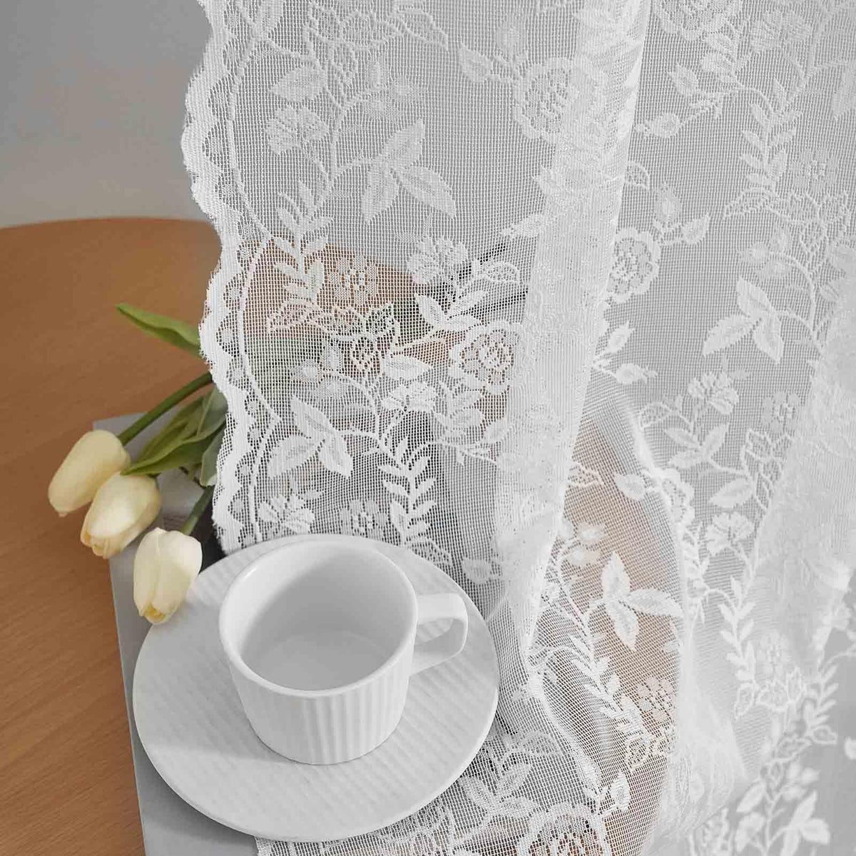 Finecity White Lace Curtains 63 Inch Length For Bedroom, Rustic Leaf Floral Design Lace Curtain Panels, Rod Pocket Farmhouse Pri
