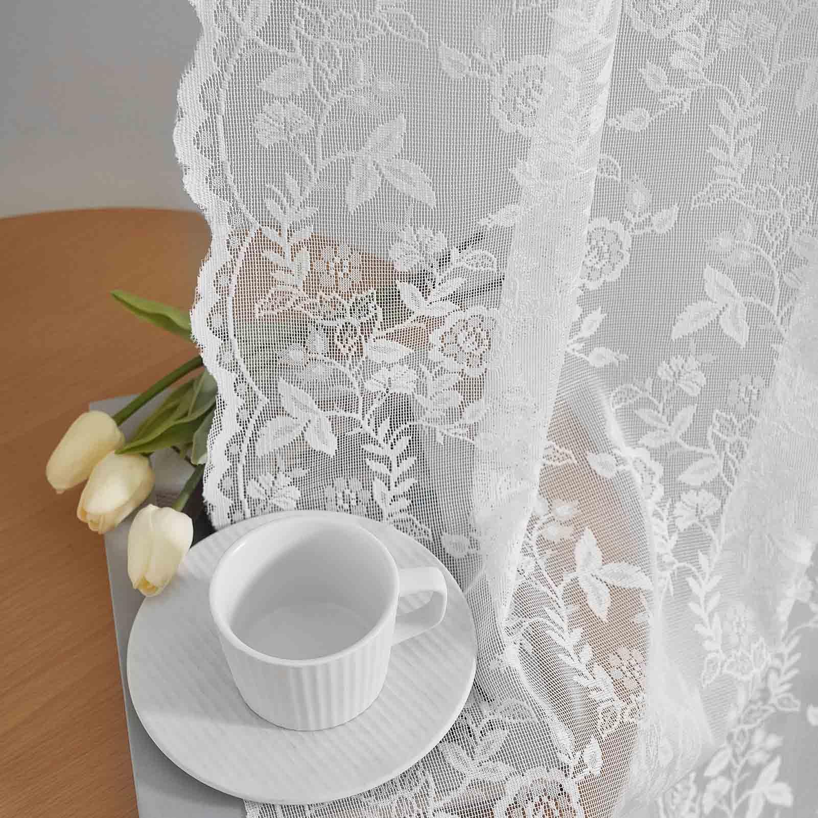 Finecity White Lace Curtains 45 Inch Length For Kitchen Window, Rustic Leaf Floral Design Lace Kitchen Curtains 2 Panels, Rod Po