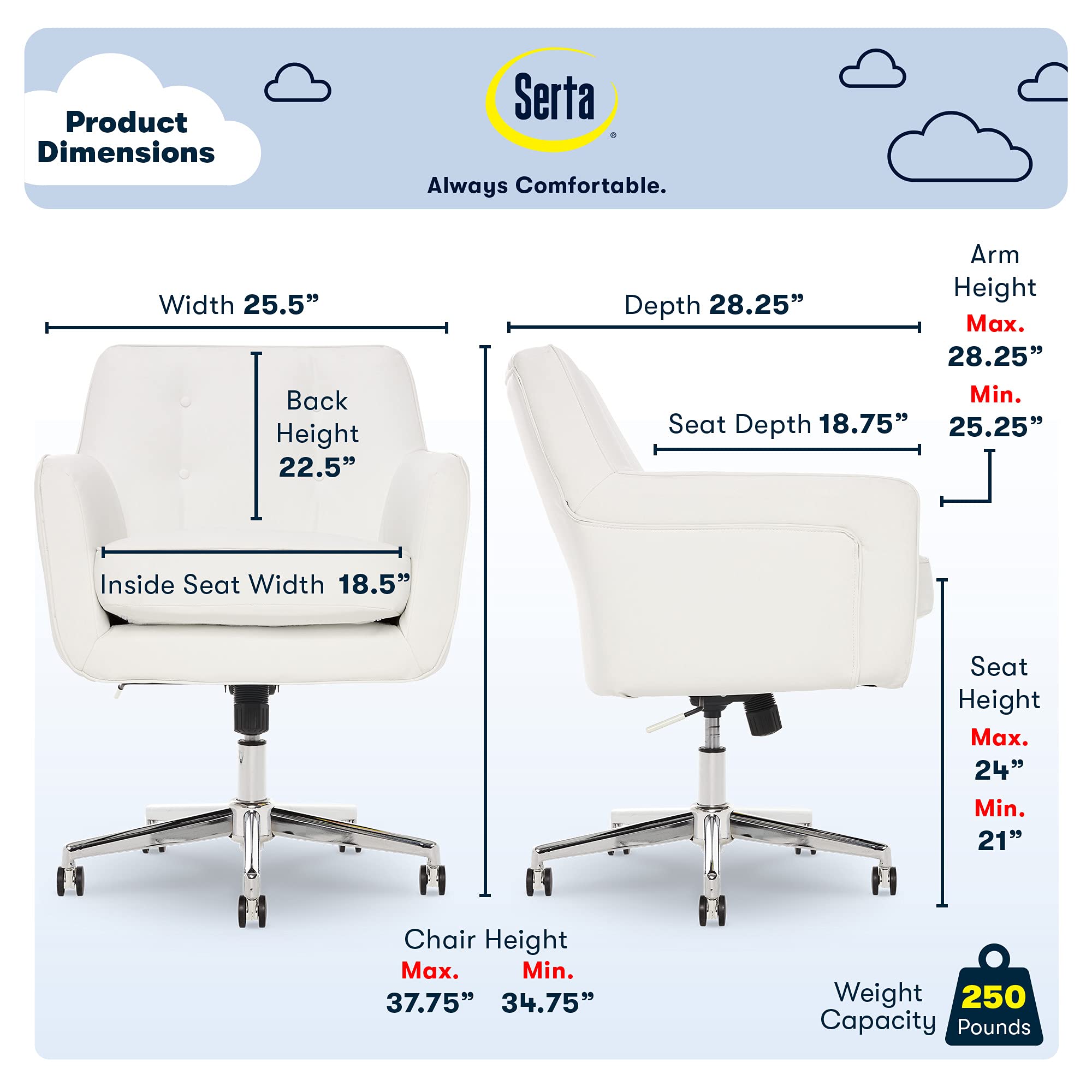 Serta Ashland Home Office Desk Chair With Button Tufted Back, Memory Foam Cushion And Padded Arms, Mid Century Modern Vanity Armchair With Wheels For Bedroom, Chrome Metal Base, White