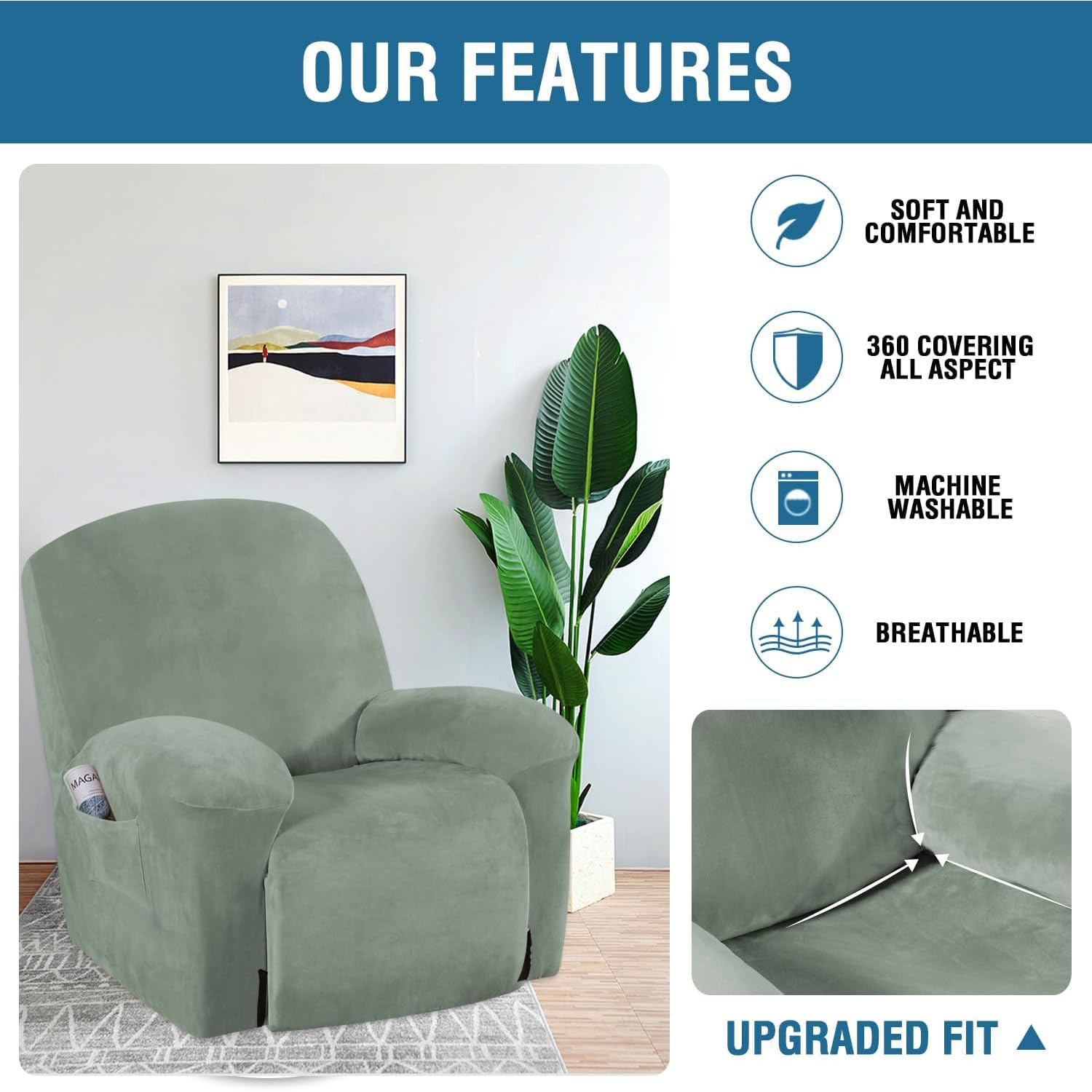 H.Versailtex Recliner Chair Cover Velvet Plush 1-Piece For Large Recliner, Soft Thick Luxury Furniture Protector With Elastic Bo