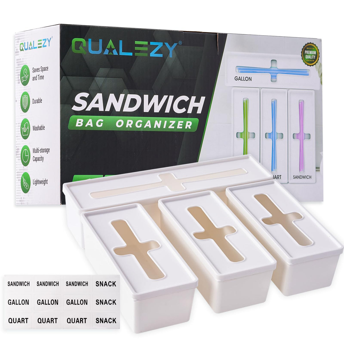Qualezy Storage Bag Organizer for Kitchen Baggie Drawer Organizer & Plastic Food Storage Bags Holder Compatible with Gallon, Q