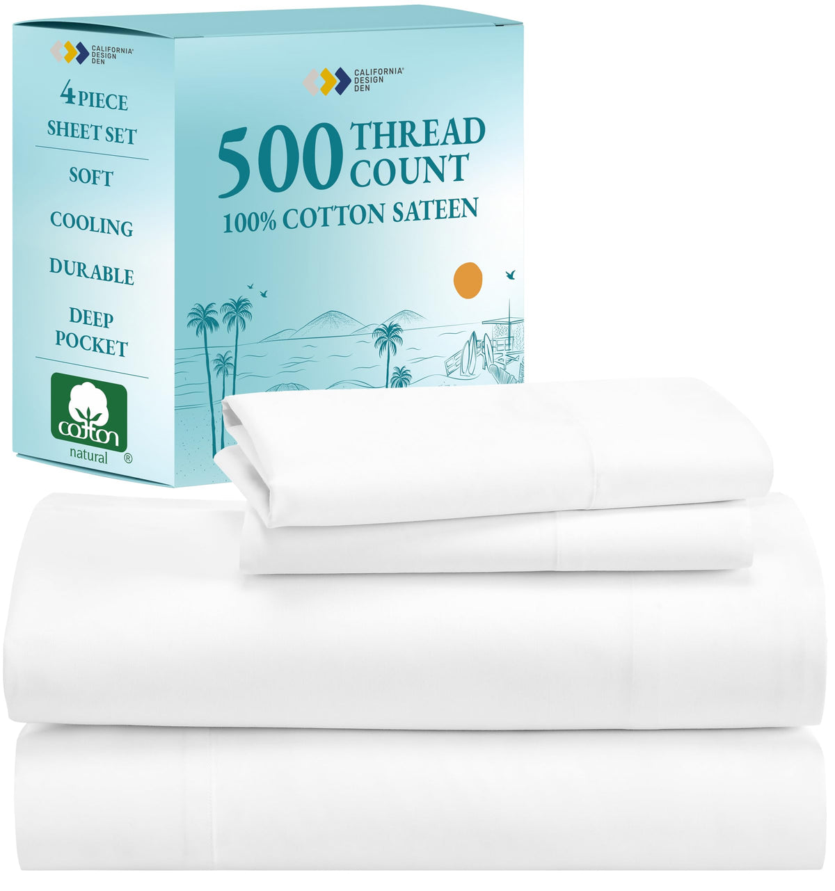 California Design Den 500 Thread Count Cotton Sheets King, Cooling Deep Pocket Bed Sheets Set, Soft & Breathable 100% Cotton Sat