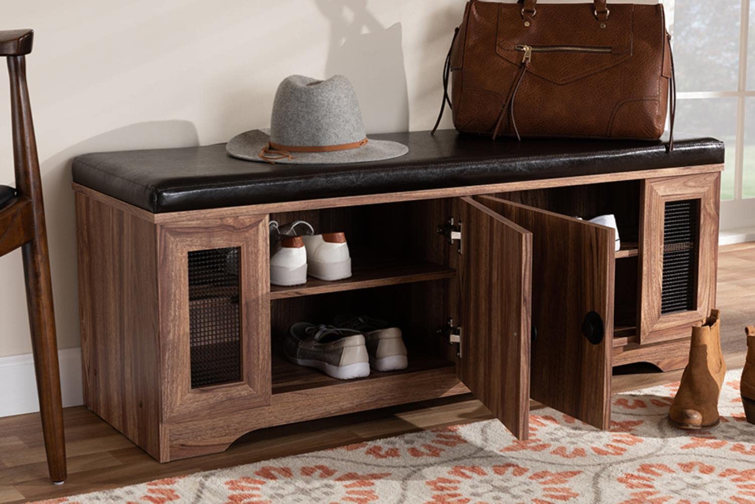 Baxton Studio Valina Modern and Contemporary Dark Brown Faux Leather Upholstered 2-Door Wood Shoe Storage Bench with Screen Inserts