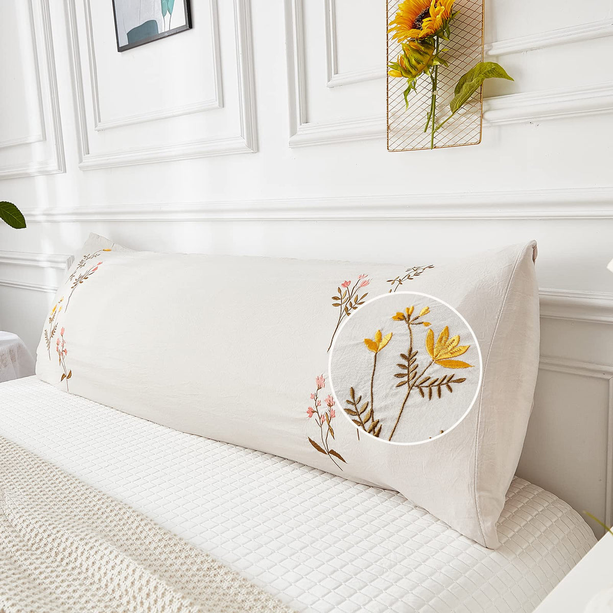 Beige Flower Body Pillow Cover 20X54 Body Pillow Covers Embroidery Flower Body Pillow Cover Girls Women Pink Yellow Spring Flowe