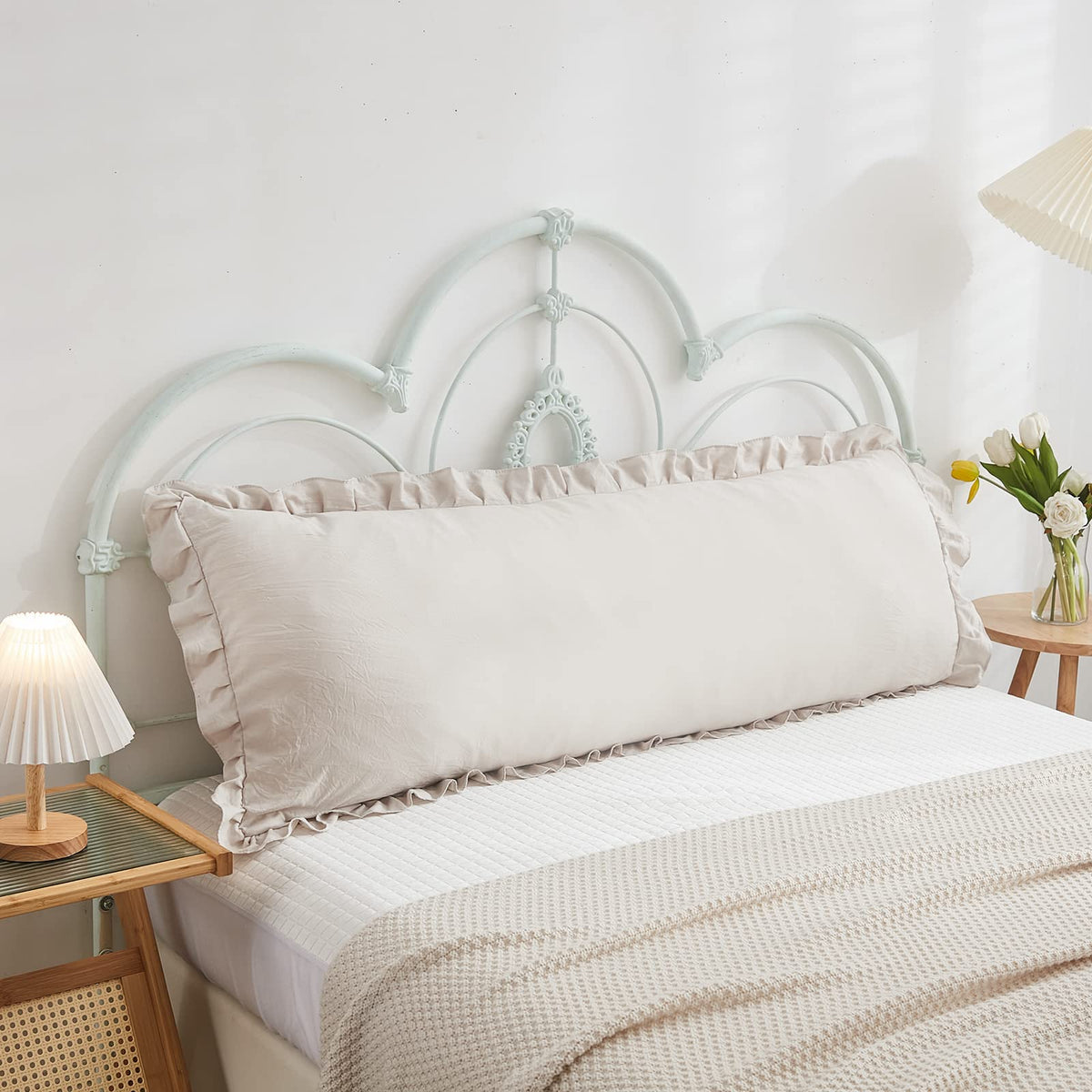 Beige Grey Body Pillow Cover 20X54Inches Long Pillowcase Ruffled Pillowcases Shabby Chic Ruffled Fringe Decor Body Ruffled Pillo