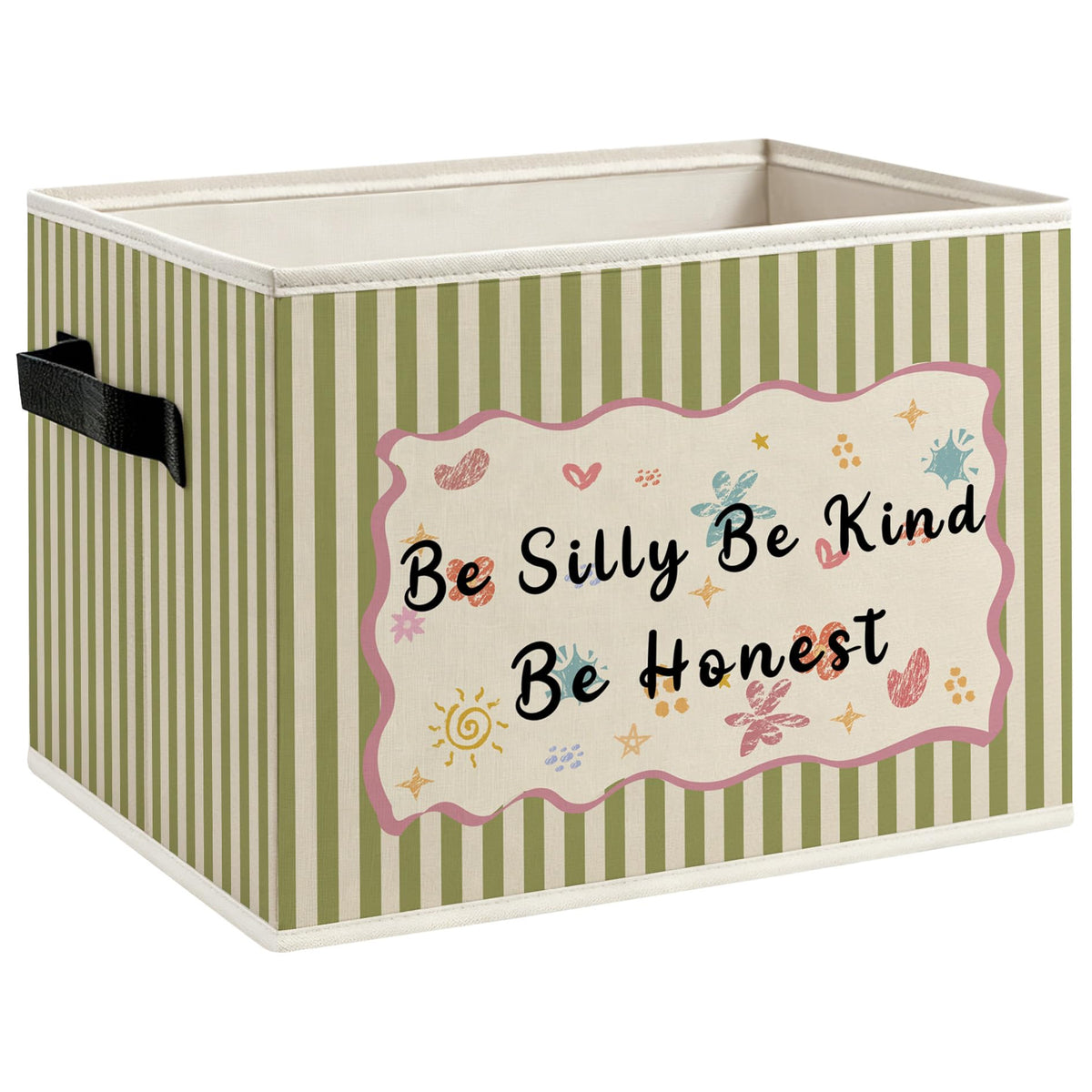 CUANFDDSF Inspirational Kids Foldable Storage Bins Box with Handles, Be Silly Honest Kind Motivational Green Striped Decorative 