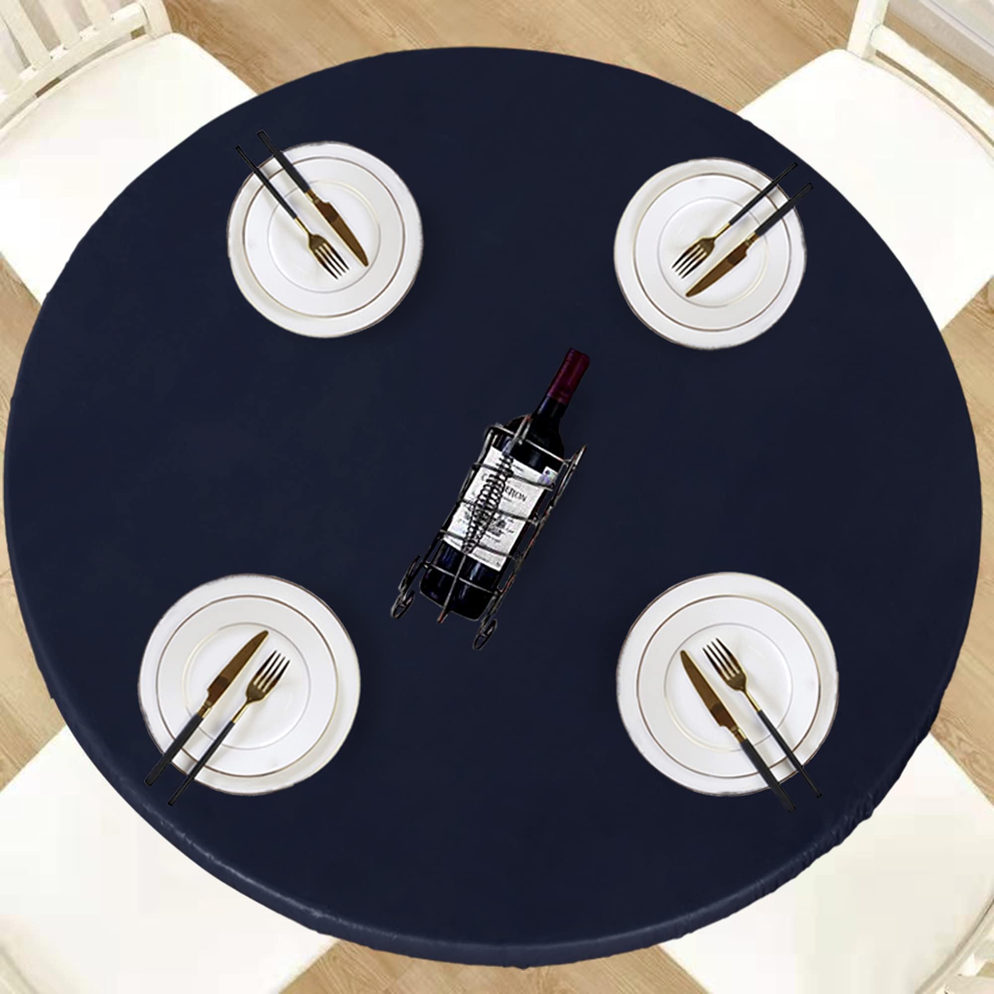 Lushvida Vinyl Fitted Table Cover Elastic Edged Plastic Table Cover… (Navy, Best For Up To 45'-56' Round)