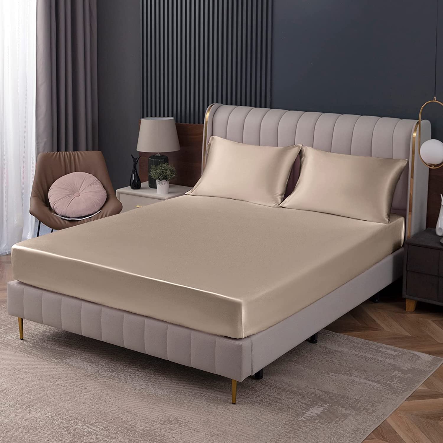 Homiest Taupe Satin Fitted Sheet Twin Xl Size Fitted Bed Sheet, Deep Pocket Fitted Sheet Only, Luxury & Ultra Soft Bedding Fitted Sheet Single Bottom Bed Sheets Sold Separately