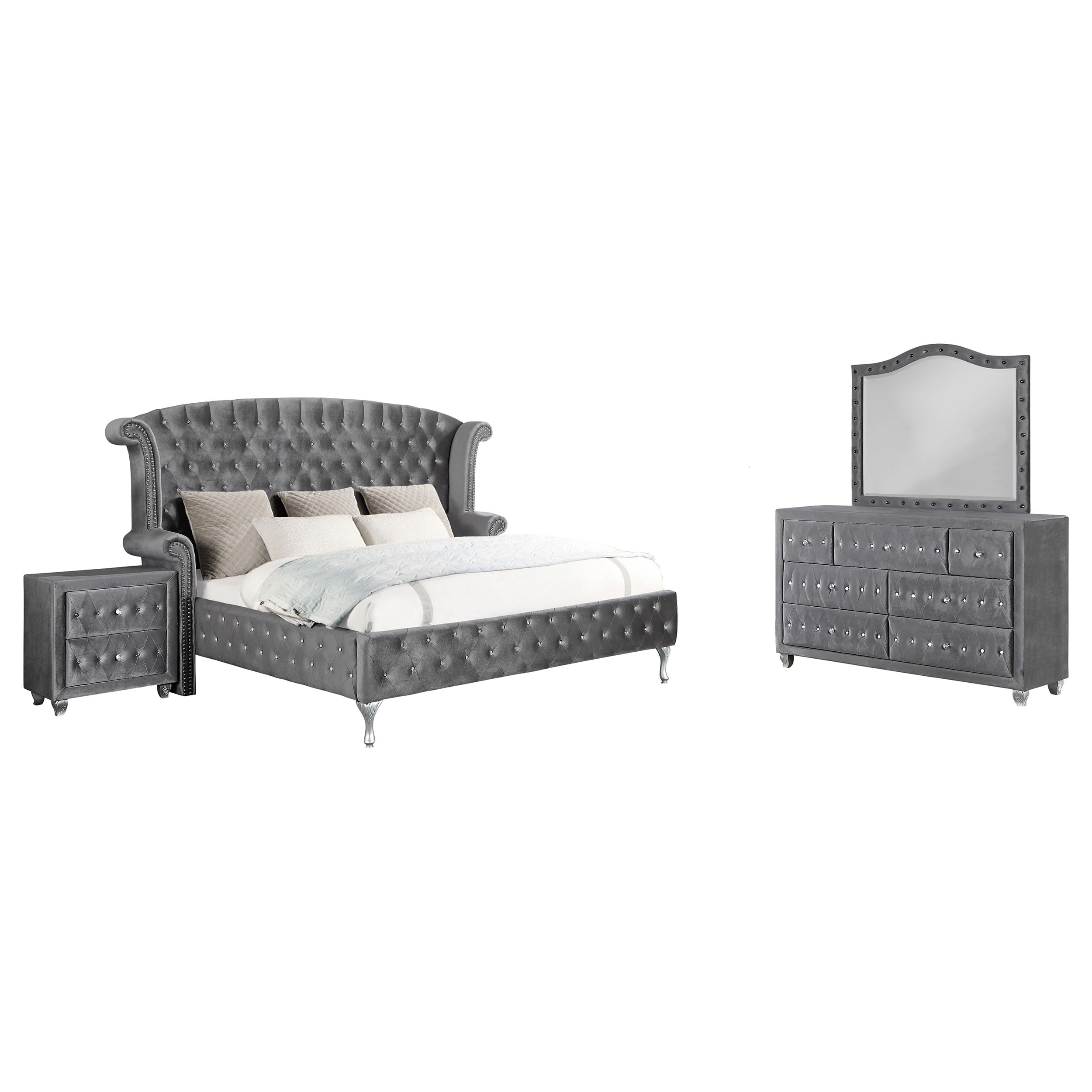 Coaster Home Furnishings Deanna Modern Classic 4-Piece Bedroom Set Velvet Upholstered Eastern King Size Wingback Bed Frame 66-Inch Headboard Grey 205101Ke-S4