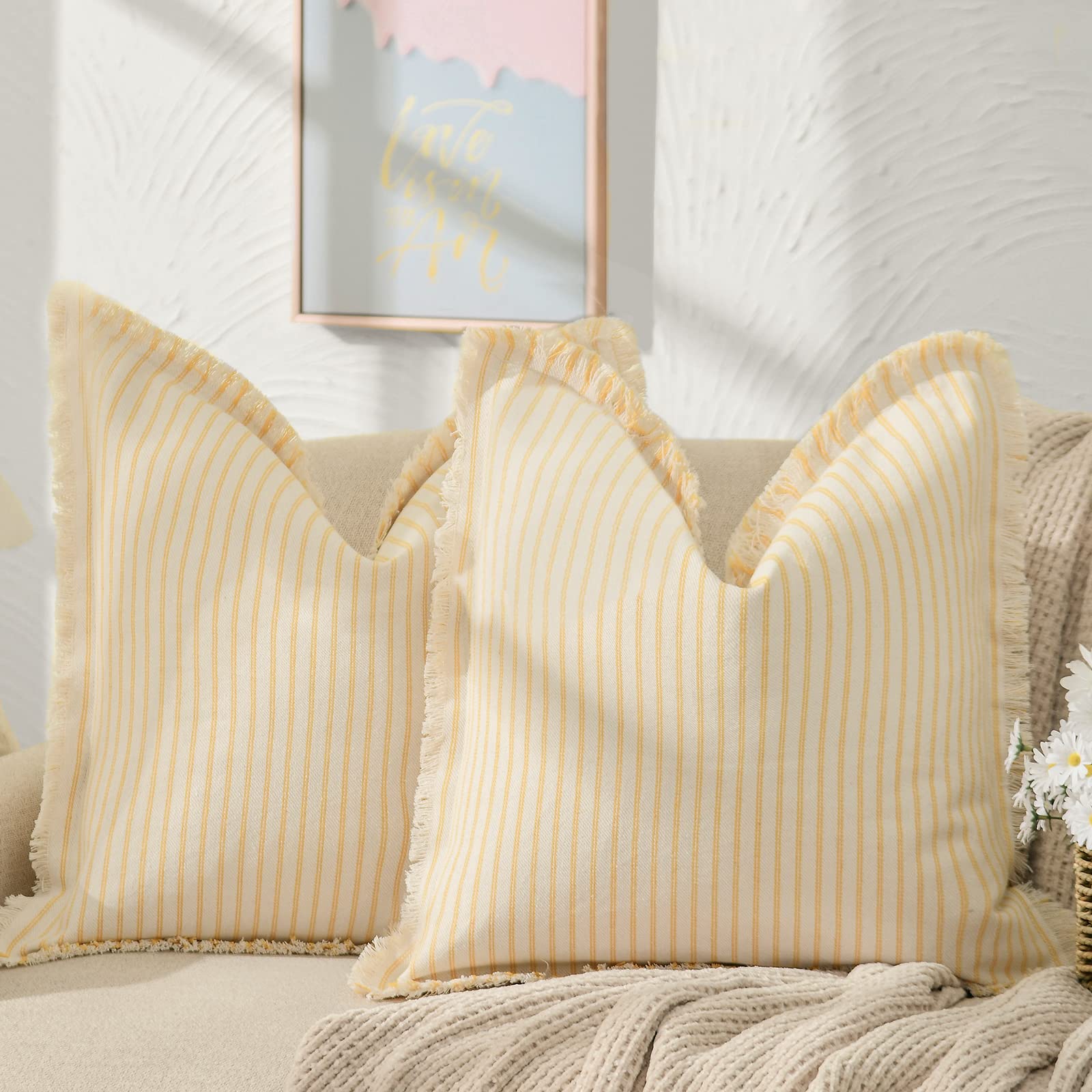 Zwjd Throw Pillow Covers 20X20 Set Of 2 Striped Pillow Covers With Fringe Chic Cotton Decorative Pillows Square Cushion Covers F