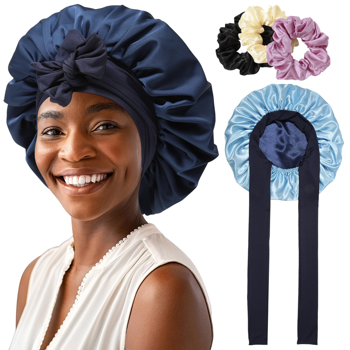 Reversible Satin Bonnet for Women with 3PCS Hair Scrunchies Tie Band Hair Bonnet for Sleeping Large 2 Layered Silk Sleeping Cap 