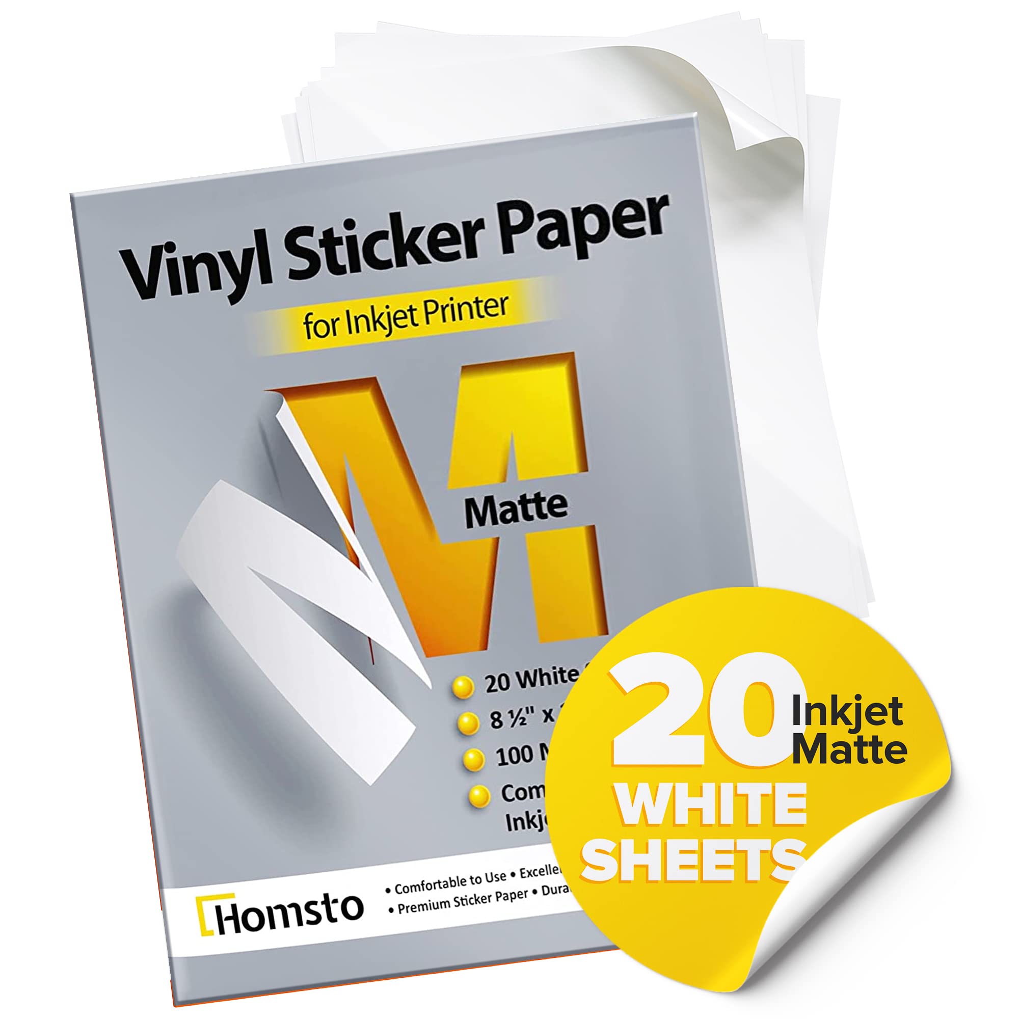 Homsto Vinyl Sticker Paper, Matte Printable Vinyl Sticker Paper For Inkjet Printer, Quick-Drying, Water And Scratch-Resistant, S
