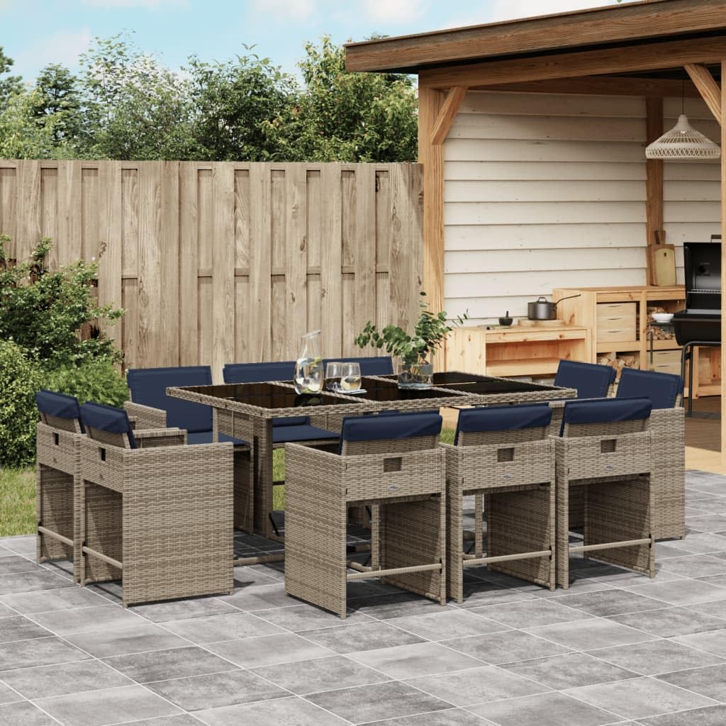 vidaXL Patio Dining Set with Cushions - 11 Piece Gray Poly Rattan Outdoor Garden Furniture - Tempered Glass Tabletop, Navy Blue Cushions - Space-Saving Foldable Chairs