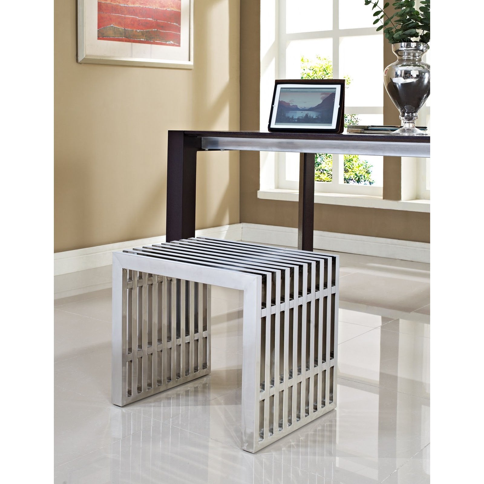 Modway Gridiron Contemporary Modern Small Stainless Steel Bench, 19.5&quot;
