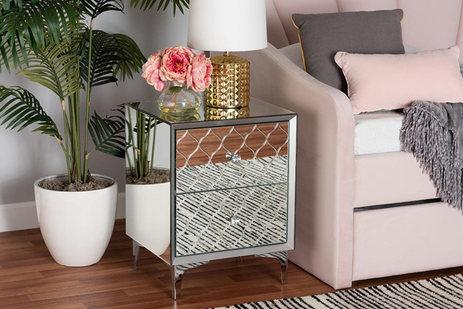 Baxton Studio Kacela Silver Metal 2-Drawer End Table with Mirrored Glass