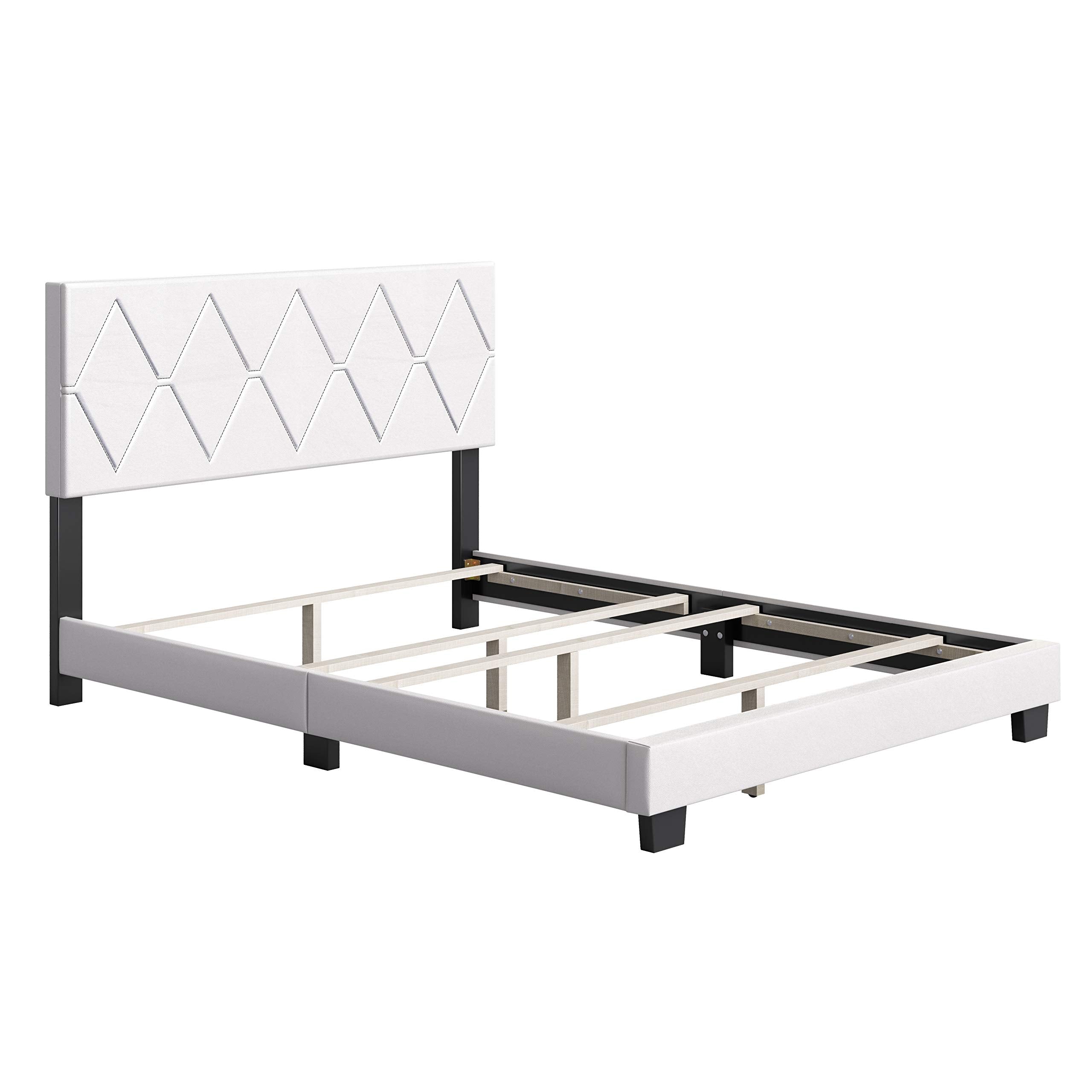 Boyd Sleep Charlat Upholstered Platform Bed with Headboard and Durable Mattress Foundation with Strong 4 Wood Slat Supports, Box Spring Required: Queen, White