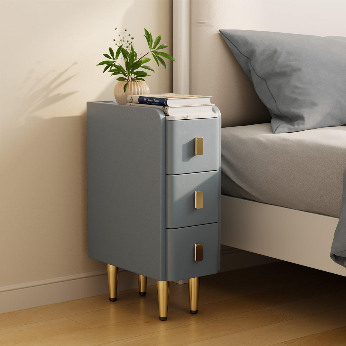 Aqimuele Narrow Nightstand With Drawers, Narrow Side Table Leather, Small Bedside Tables For Bedroom. (Dark Gray)