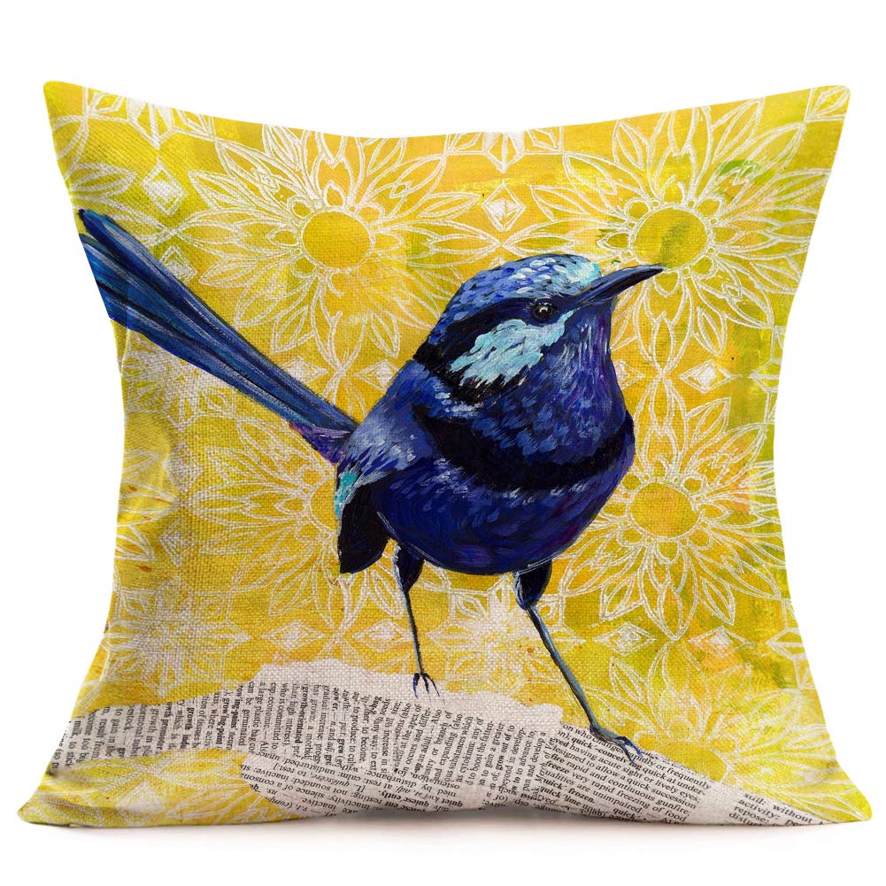 Fukeen Birds Decorative Pillow Covers Bluebird Stand In Newspaper And Flower Print Cotton Linen Cushion Cover Pillow Cases Stand