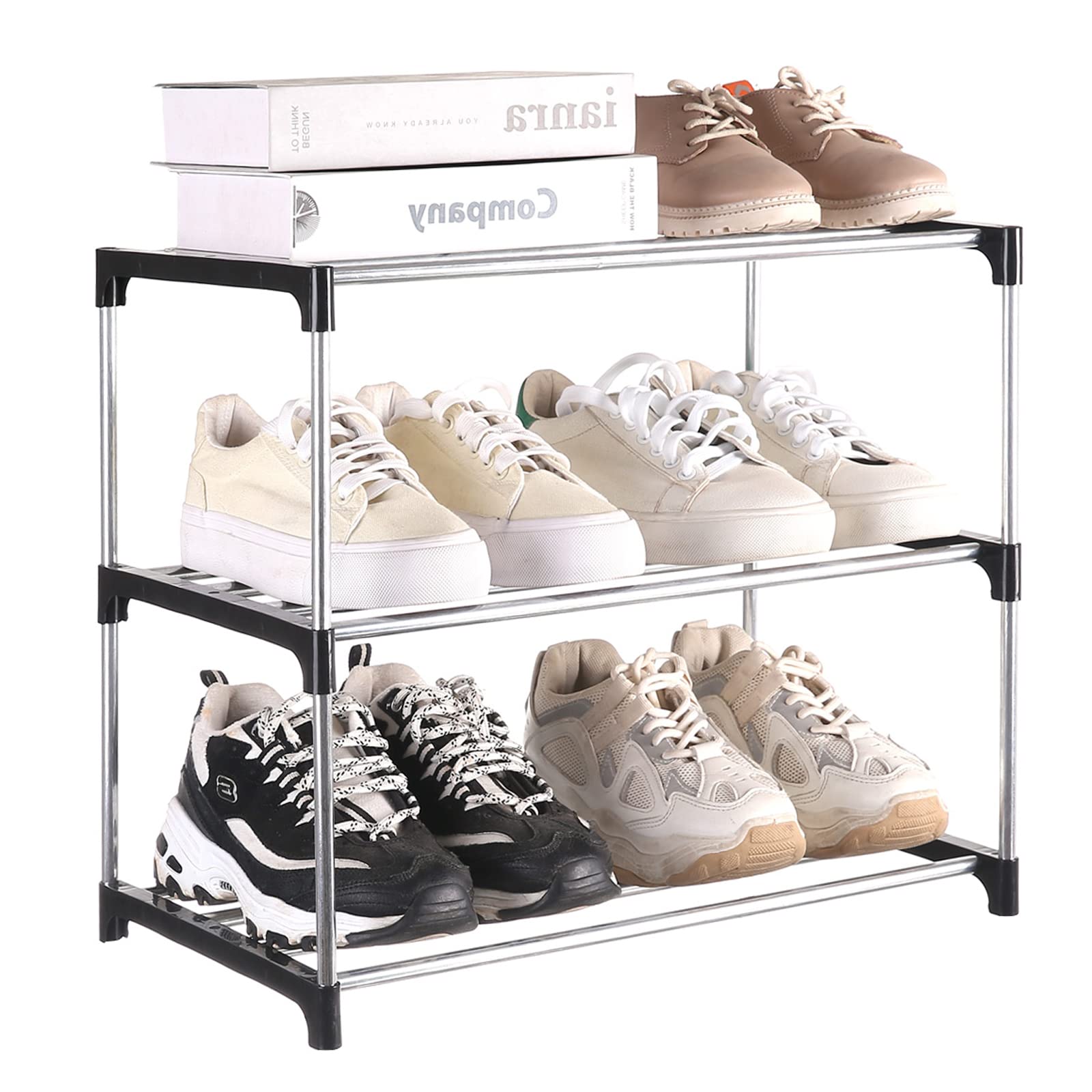 Fouews Small Shoe Rack, Narrow Stackable Shoe Shelf Organizer for Entryway, Doorway and Bedroom Closet (3-Tier, Black)