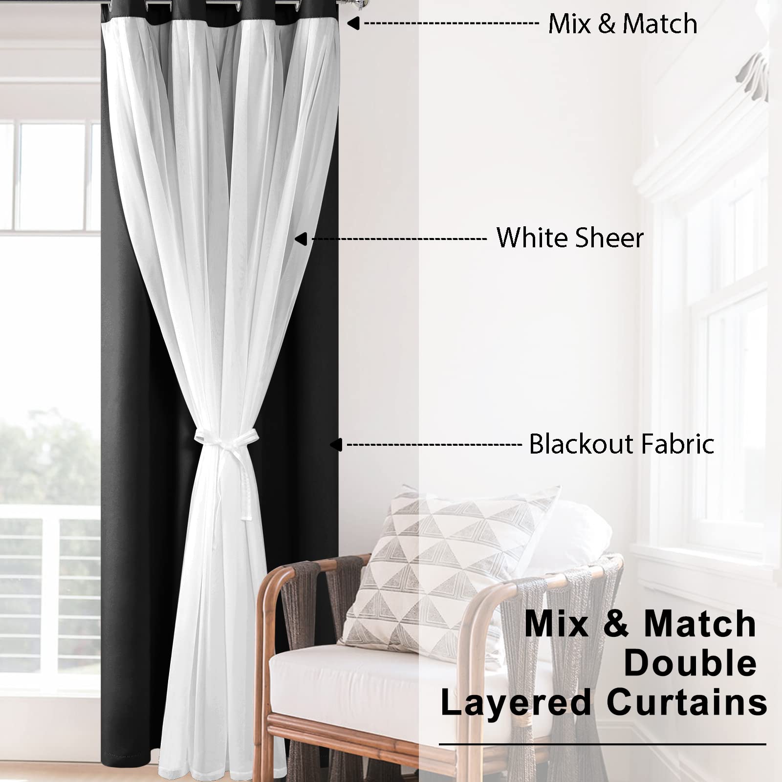 Hiasan Black Blackout Curtains With Sheer Overlay, Mix & Match Double Layer Thermal Insulated Room Darkening Curtains For Bedroo