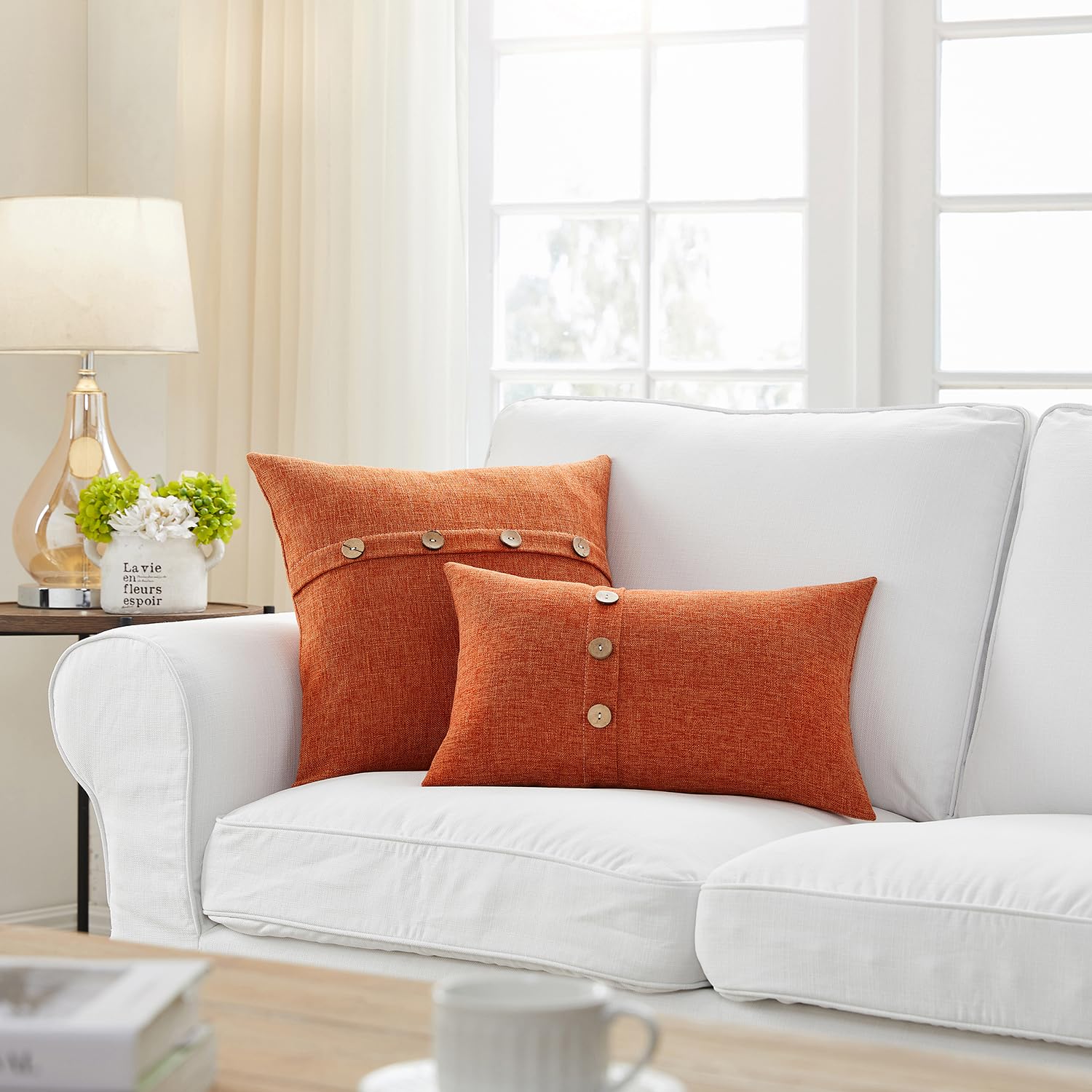 Meekio Set Of 2 Fall Pillow Covers 22 X 22 Burnt Orange Pillow Covers With Coconut Buttons Fall Decorations For Home
