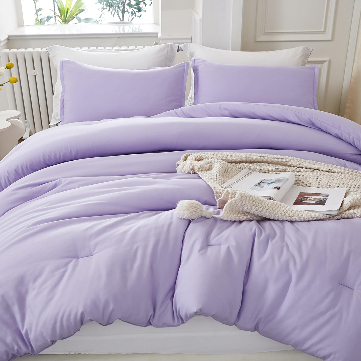 Litanika Lavender Purple Comforters Queen Size, 3 Pieces Lightweight Solid Bedding Set & Collections, All Season Fluffy Bed Set