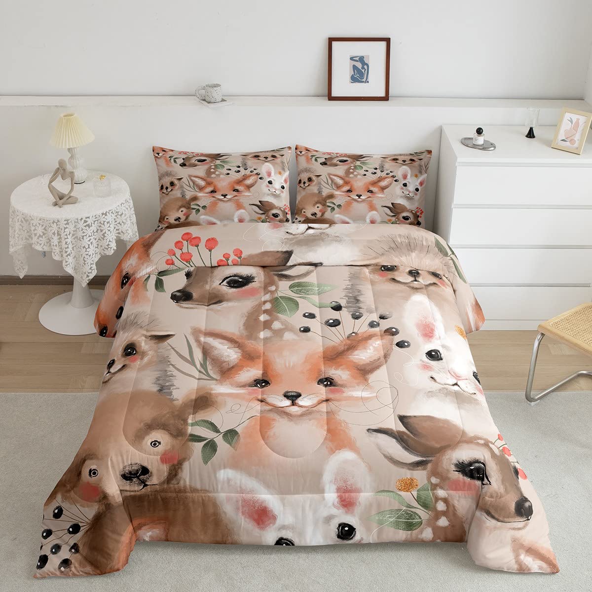 Kawaii Animals Comforter Set Twin Size,Cute Fox Deer Rabbit Duvet Insert For Kid Teen Boys Girls Room Decor,Plants Leaves Quilte