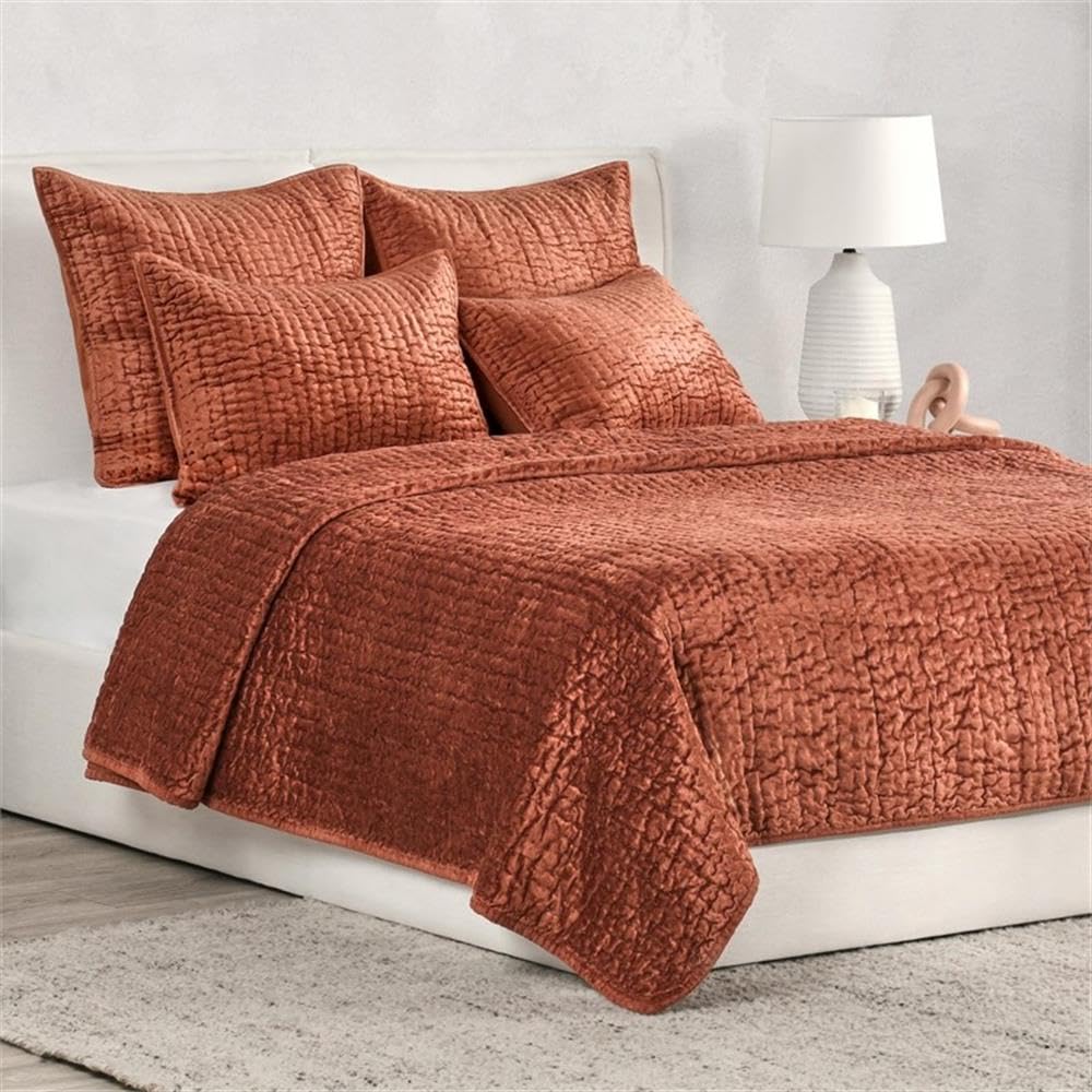 Kosas Home Dimitry 108" Velvet and Cotton Sateen King Quilt in Terracotta Orange